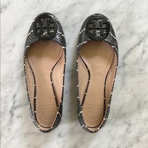 Tory Burch Black and Cream Snakeskin Ballet Flats - size 8.5